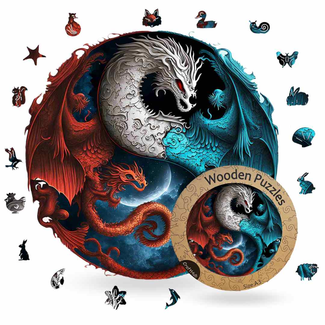 Animal Jigsaw Puzzle > Wooden Jigsaw Puzzle > Jigsaw Puzzle A3+Wooden Box Dragons Yin Yang - Jigsaw Puzzle